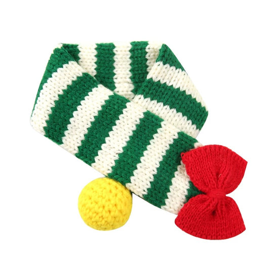 Christmas Striped Knitted Pet Scarves with Bow & Pom-Pom – Festive Style for Your Furry Friend