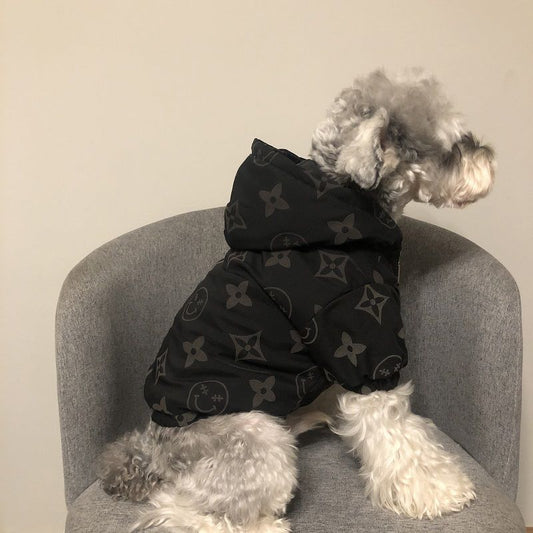 LV Style Black Down Pet Jacket – Luxury Winter Coat for Dogs & Cats